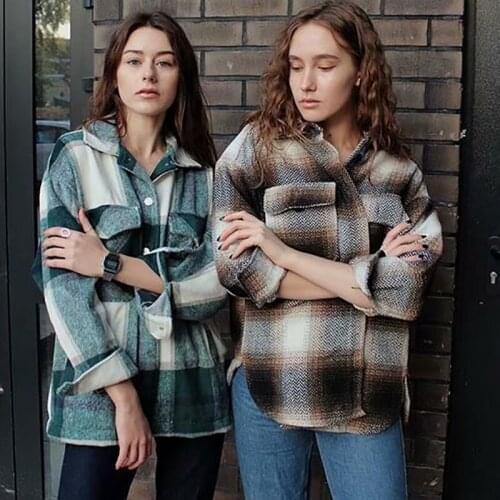 2021 Plaid Women Oversize Woolen Shirts Fashion Ladies Soft Thick Shirt Party Female Elegant Loose Tops Vintage Girls Chic Shirt