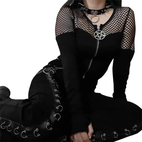 Hip Hop Cardigan Womens Sexy Fishnet Patchwork Mesh Gothic Punk Cardigans Pentagram Zipper Crop Top Кардиганы Женские 2021