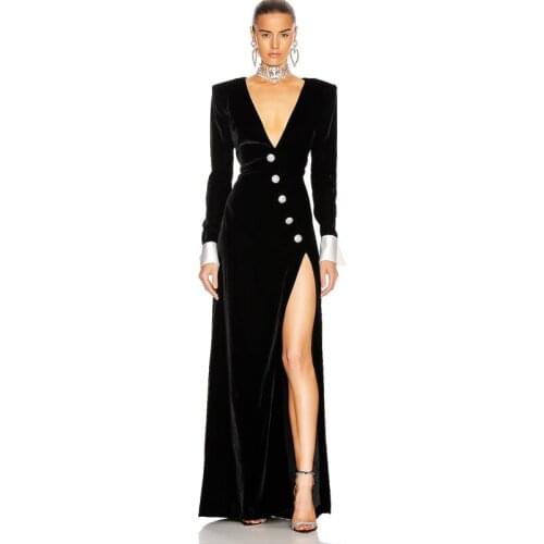 New Fashion Women Dresses Velvet V-Neck Long Sleeve Button High Split Floor Length Elegant Dress