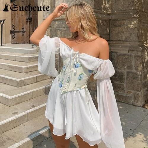 SUCHCUTE Fashion Elegant Solid Color Boho Dress Slash Neck Lace Up Slim Outfits Women Dress Summer Beachwear A-Line Dresse