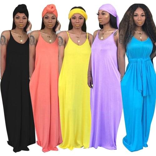 Plus Size Women Dress Boho Long Maxi Dress Women Loose Sundress Sleveless Summer Solid Dress with headscarf Casual Vestidos