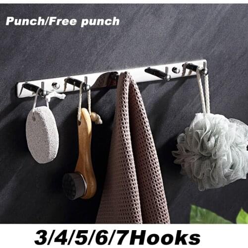 1Pc 3/4/5/6/7 Hooks Coat Rack Stainless Steel Wall-mounted Towel Hanger Kitchen Bathroom Accessories