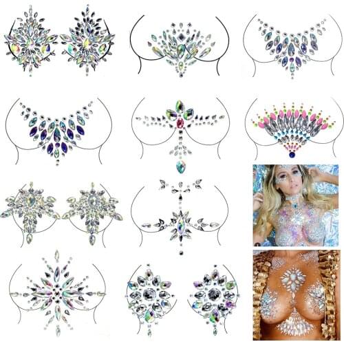 1pc Crystal Sexy Chest Jewels Temporary Tattoo Sticker 3D Stage Rhinestone Flash Tattoo Adhesive Face Jewel Chest Gem Body Paint