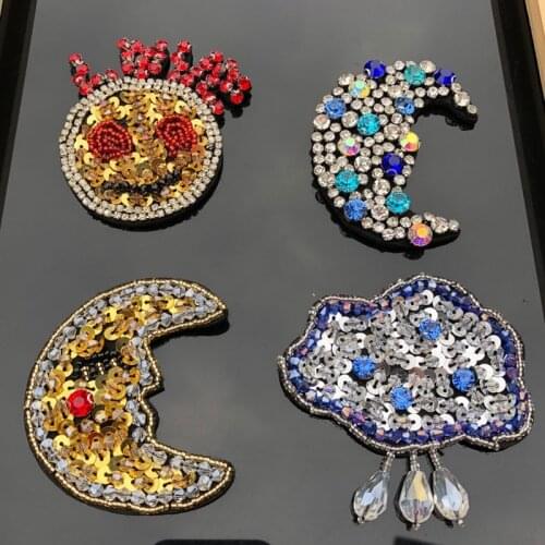 3D Handmade Rhinestone beaded cloud Patches moon Sew on Crystal patch for clothing beading Applique glass patch
