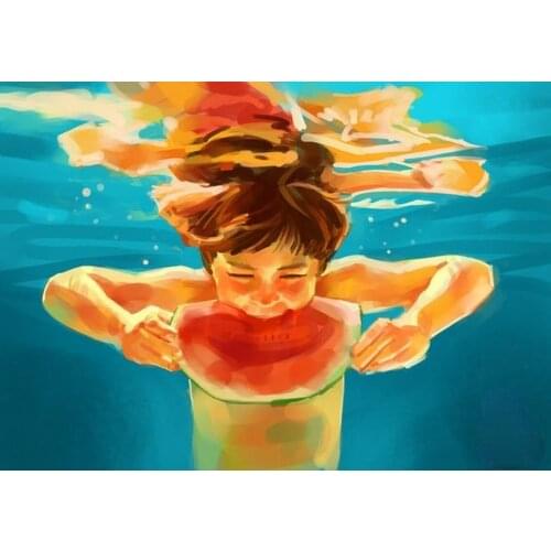 5D DIY Poured Glue Diamond Painting Kits Scalloped Edge Beautiful Girl Underwater Kid Eat Watermalon Unique Gift Wall Decoration