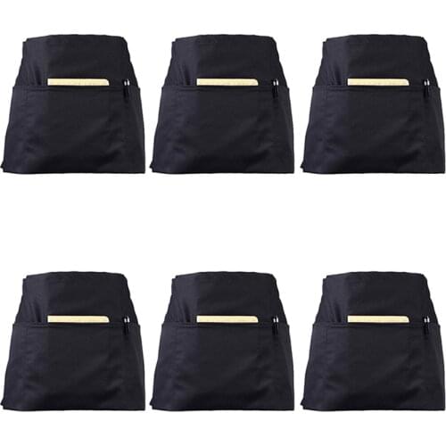 6 Pack Black Waist Aprons with 3 Pockets - Half Aprons for Waitress Waiter 24 x 12 Inch Server Aprons for Holding Server Book Gu