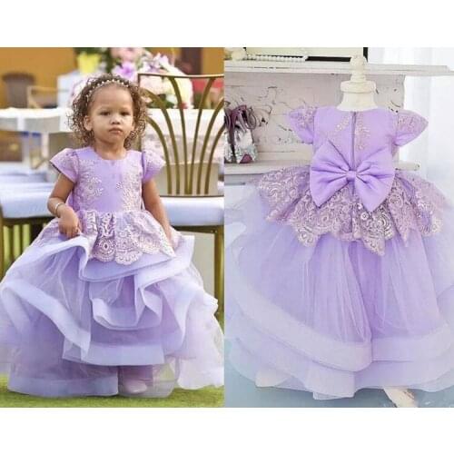 Lavender Ball Gown Baby Girl Dresses For Birthday Big Bow Appliques Jewel Neck Todder Tulle Kids Party Dress Girls Clothes Bow