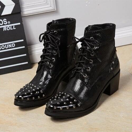 Christia Bella Mens Rivet Black Genuine Leather Lace Up Boots Plus Size Mens Motorcycle Heighten Boots Man Fashion Party Shoes