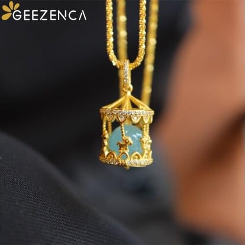 GEEZENCA S925 Silver Gold Plated Popcorn Chain Merry-go-round Aquamarine Bead Pendant Necklace For Women Fine Jewelry Necklaces