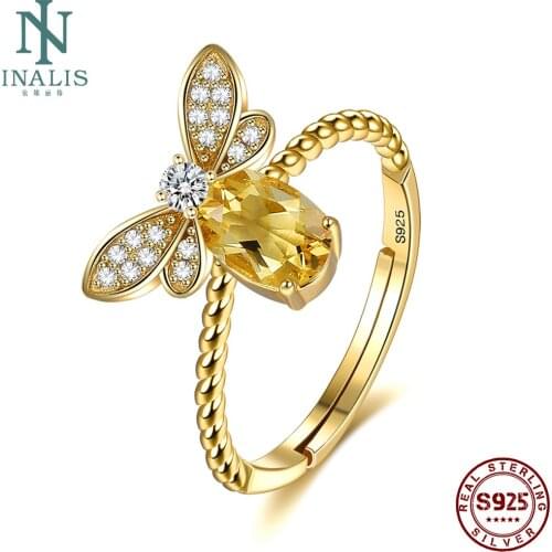 INALIS Cute Bee Open 925 Sterling Silver Ring Romantic Gold Color 5A Clear Cubic Zircon Rings For Women Anniversary Jewelry Gift