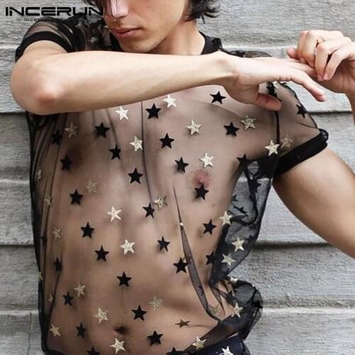 INCERUN 2021 Men T Shirt Mesh See Through Printed O Neck Short Sleeve Tops Underwear Streetwear Party Nightclub Sexy Camisetas