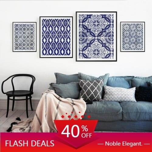 Canvas Painting Moroccan Wall Art Pictures Blue Arabic Pattern Tiles Posters and Prints Portugal Artwork Decoration Home Decor