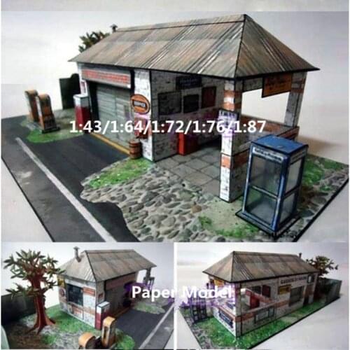 Creative 1:43/64/72/76/87 Scale Handmade Old Gas Station Model Paper Car Garage Model for Sand Table Model