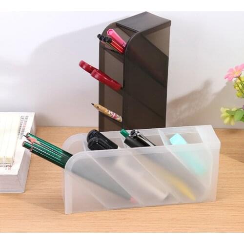 Multi-function 4 Grid Desktop Pen Holder Office School Storage Case Clear White Black Plastic Box Creative Pen Pencil Organizer