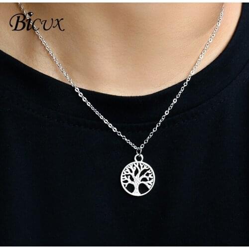 BICUX Fashion Trend Creative Life Tree Small Drop Necklace for Women Man Personality Statement Silver Color Necklace Jewelry