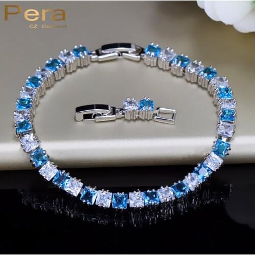 Pera Fashion Ladies Big Square Baguette Shape Cubic Zirconia Silver Color Light Blue Charm Bracelet for Women Party Jewelry B046