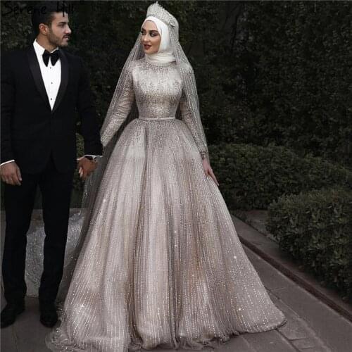 Muslim Sequined Sparkle Luxury High-end Wedding Dresses 2020 Ivory Long Sleeve Vintage Bridal Gown HA2214 Custom Made