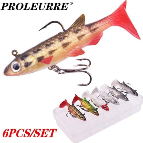6Pcs/Lot Mixed Colors Soft Bait Set Jig Head T Tail Wobblers Silicone Lure Artificial Swimbait With Treble Hooks Kit Tackle