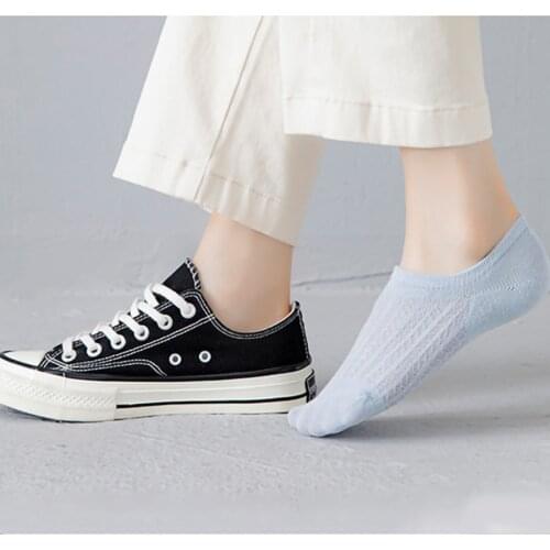 5 Pairs/set Real No Show Socks for Women Cotton 10 Solid Colors Black White Pink Mesh Design Thin Breathable Non-slip Silicone