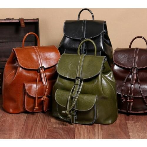 New Oil Wax Leather With Drawstring Convergent Clamshell Leisure Classic Multi-Function Large Capacity WomenS Backpack