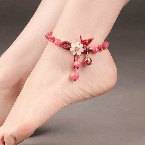Antique Style Womens Bird Stone Cloisonne Coloured Glaze Shell Ankle Pendant Sexy Retro National Wind Red Rope Foot Pendant