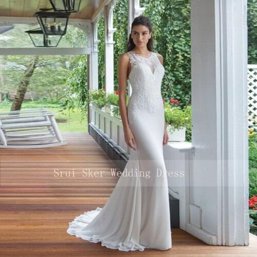 Attractive Sheath White Lace Wedding Dresses Sexy Chic Back Design Appliques Bridal Gowns with Court Train