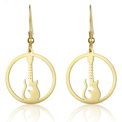 RIR Golden Round Hollow Electric Guitar Hanging Earrings Music Rock Style Musical Instrument Guitar Earrings Musician Gifts