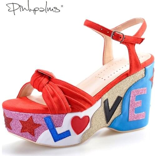Pink Palms summer new arrival cross strap letters glitter wedge red color high heels casual sandals