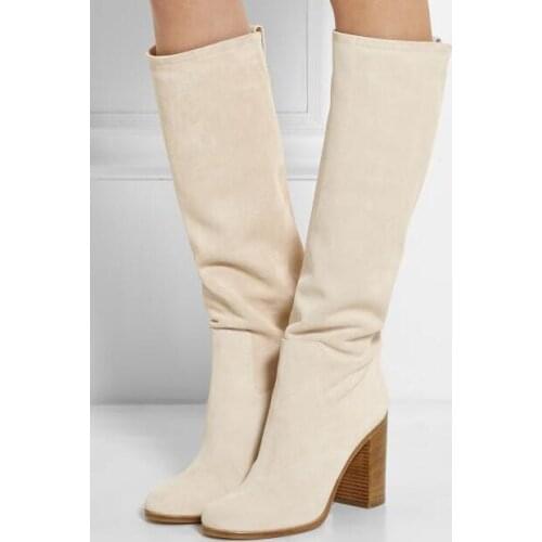 Fashion Suede Leather Women Knee High Boots Round Toe Knight Style Ladies Spring Boots Square High Heel Female Sexy Boots Size42