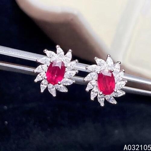KJJEAXCMY fine jewelry 925 sterling silver inlaid Natural ruby women elegant classic flower gem earrings ear studs support detec