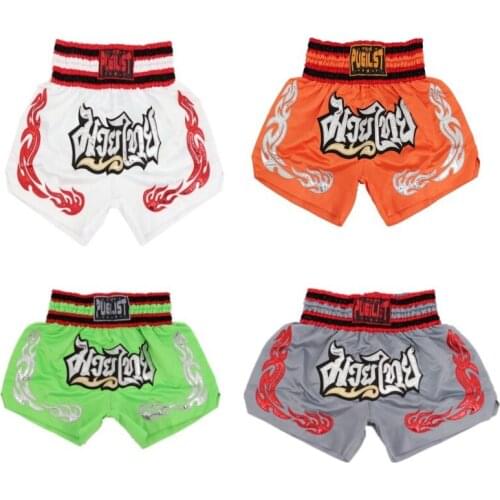 THE embroidery MMa Muay Thai Shorts Kids Boys Kick Boxing Training Fight Grappling Trunks Children Fitness Gym Adult Sportswear
