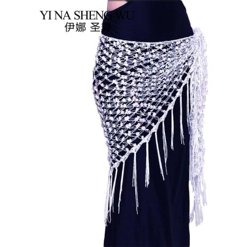 Belly Dance Hip Scarf Dance Accessories Stretchy Long Tassel Triangle Belt Hand Crochet Belly Dancing Hip Scarf Sequin 12 Colors