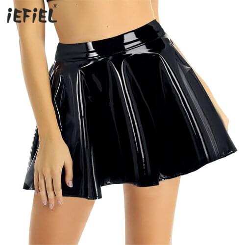 Womens Casual A-Line Mini Latex Skirt Cosplay Party Punk Rave Dance Skirt Wet Look PU Leather Flared Pleated Circle Skater Skirt