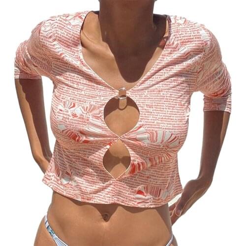 Womens Cutout Crop Female outfits Tops, Sexy Long Sleeve V Neck Letter Print Clubwear Streetwear Ring Front T-Shirts