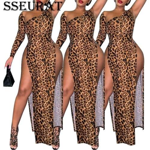 SSEURAT Women Long Dress Autumn Sexy Leopard Print One Sleeve Split Dresses Vestidos