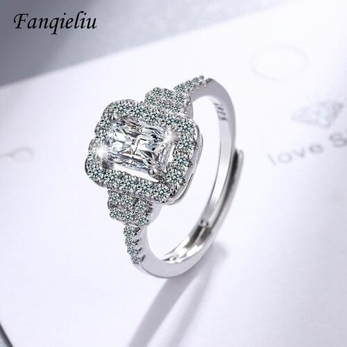Fanqieliu Adjustable Size Real 925 Sterling Silver Ring For Woman Square Crystal Wedding Bands Girl FQL21358