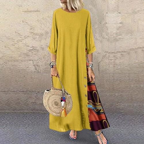 Women Cotton Linen Maxi Dress Autumn Casual Patchwork Fashion Party Dress Long Sleeves O-Neck Loose Plus Size Dress Ropa Mujer
