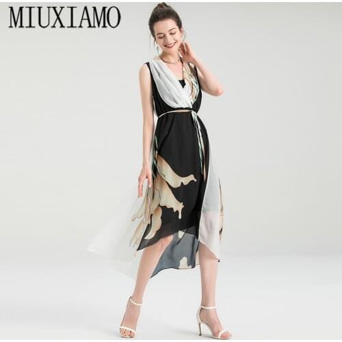 2021 New Summer Fashion V-Neck Sleeveless Print Slim Belt Silk Dress Womens Wear Temperament Office Lady