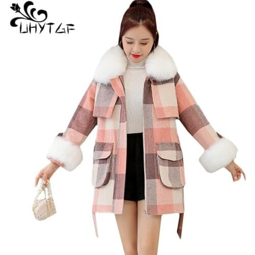 UHYTGF Autumn coat female fashion lattice Quality woolen jacket Fur collar casual winter wool coats Cute girl plus size tops 663