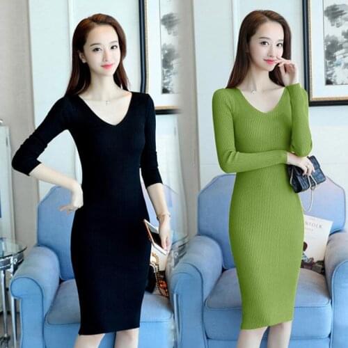 Women Knitted Sweater Dress Autumn Winter Long Sleeves Slim Bodycon Dress Casual Lady Sexy Office V-neck Dress Female W66