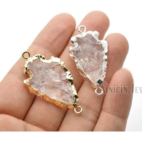 Natural Rock Crystal Transparency Arrow Heads Shape Gold Silver Plating Connectors Rough Stone Pendants For Jewelry Making 10pcs