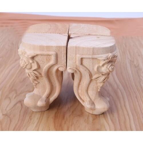 4 Pcs Wooden Furniture Legs Solid Wood Flower Carved TV Cabinet Seat Feet No Painting