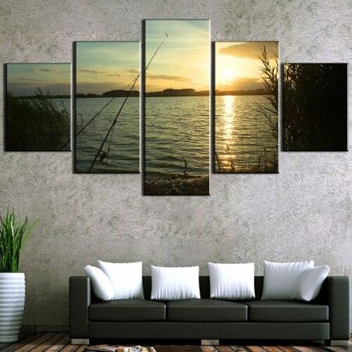 5 Panel Canvas Painting Lakeshore Fishing Cuadros Landscape Canvas Wall Art Home Decor for Living Room Unique Gift Wall Picture