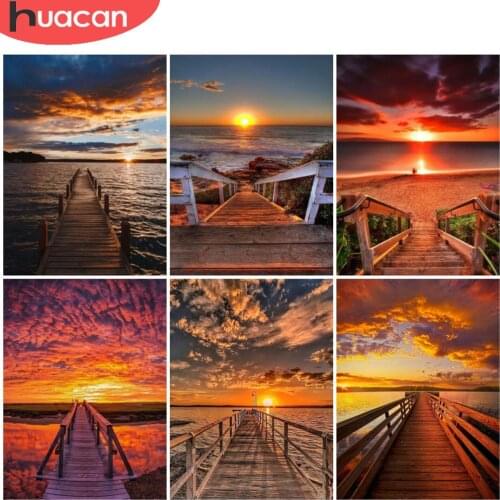 HUACAN Diamond Painting Landscape Diamond Embroidery Sunset Mosaic Bridge Cross Stitch Wall Decoration Gifts