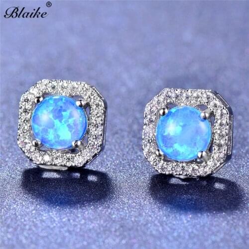 Blaike Round Cut Blue/Green/White Fire Opal Square Stud Earrings for Women Silver Color Wedding Jewelry Xmas Gifts