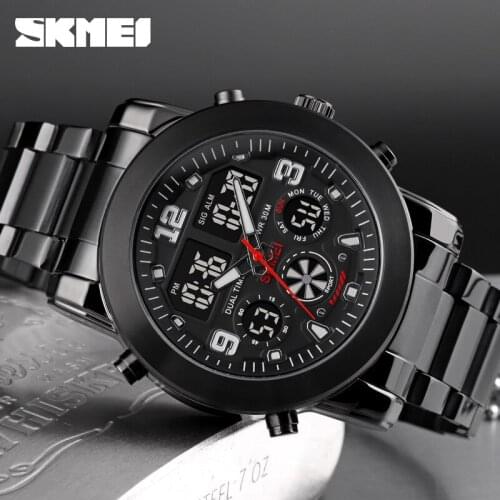 SKMEI 3 Time Fashion Casual Watches Mens Chrono Count Down LED Quartz Wristwatches Stainless Steel Strap Men Watch Reloj