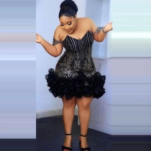 Black Short Evening Dresses Plus Size Short Beaded Appliques Tight With Ruffles Off The Shoulder Open Back Prom Gala Skirts 2021