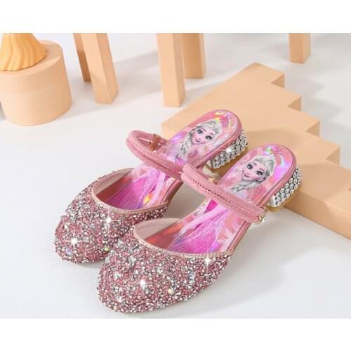 Disney Kids Princess Sequin Sandals Dress Shoes Frozen Elsa Low Heel Slippers Casual Girls Party Wedding Leather Shoes