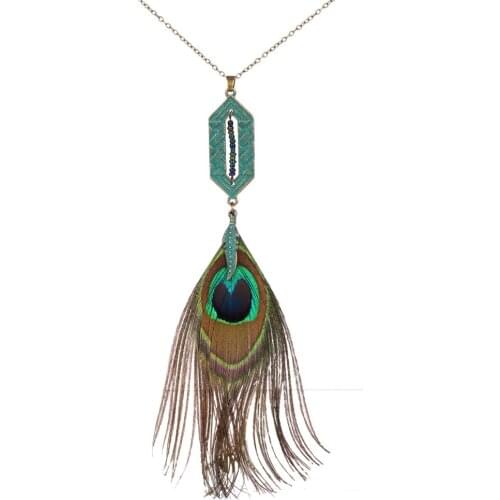 HC Vintage Peacock Feather Statement Pendant Necklace Women Fashion Ethnic Jewelry BOHO Bohemian Long Chain Metal Necklace F