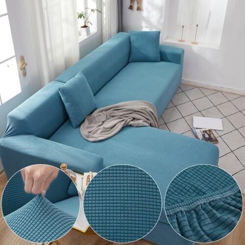 Plaid Corn Fleece Fabric Blue Sofa Cover For Living Room Solid Color All-inclusive Modern Elastic Corner Couch Slipcover 45012